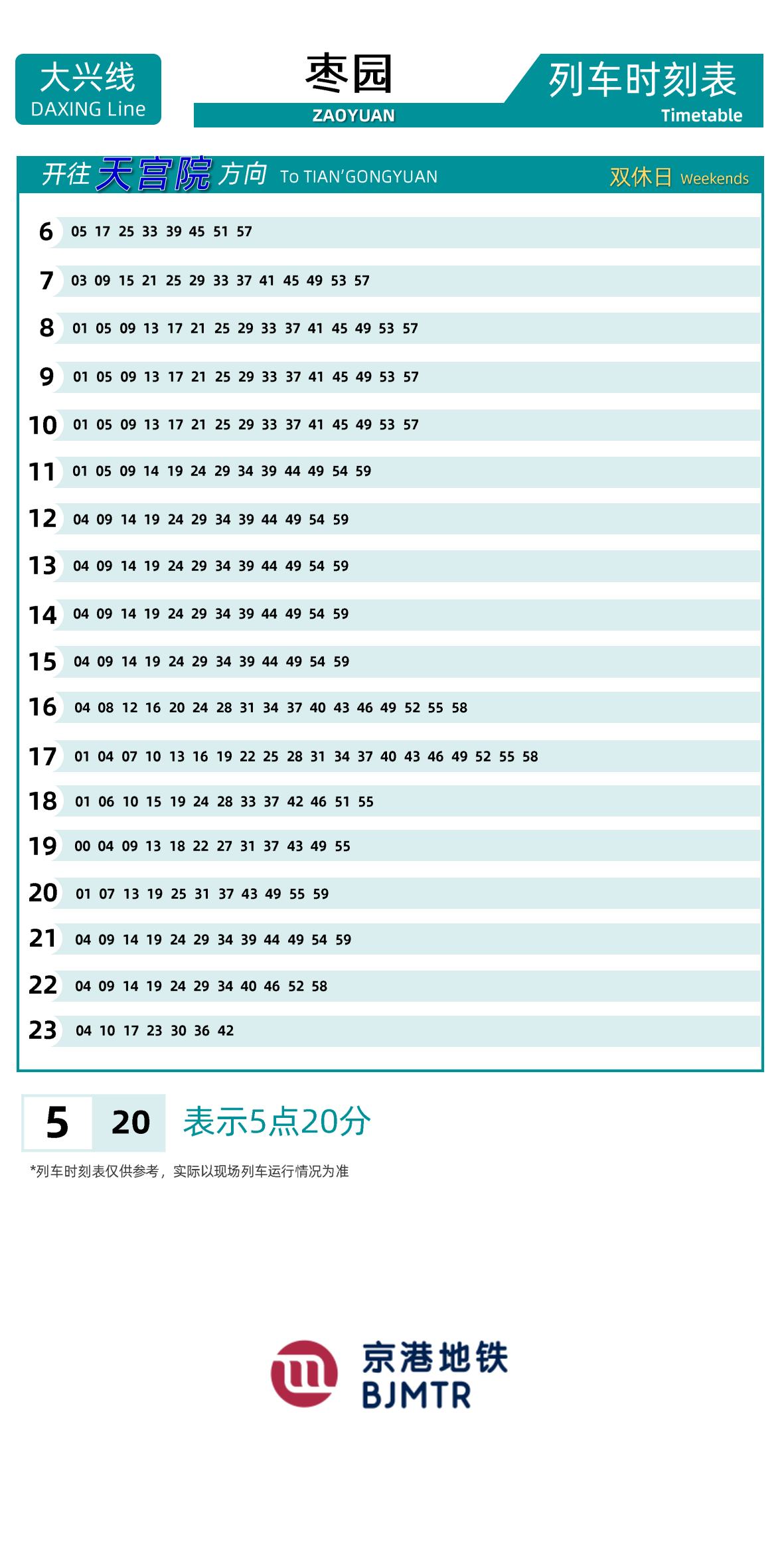 Line 4-Daxing LineZaoyuan时刻表