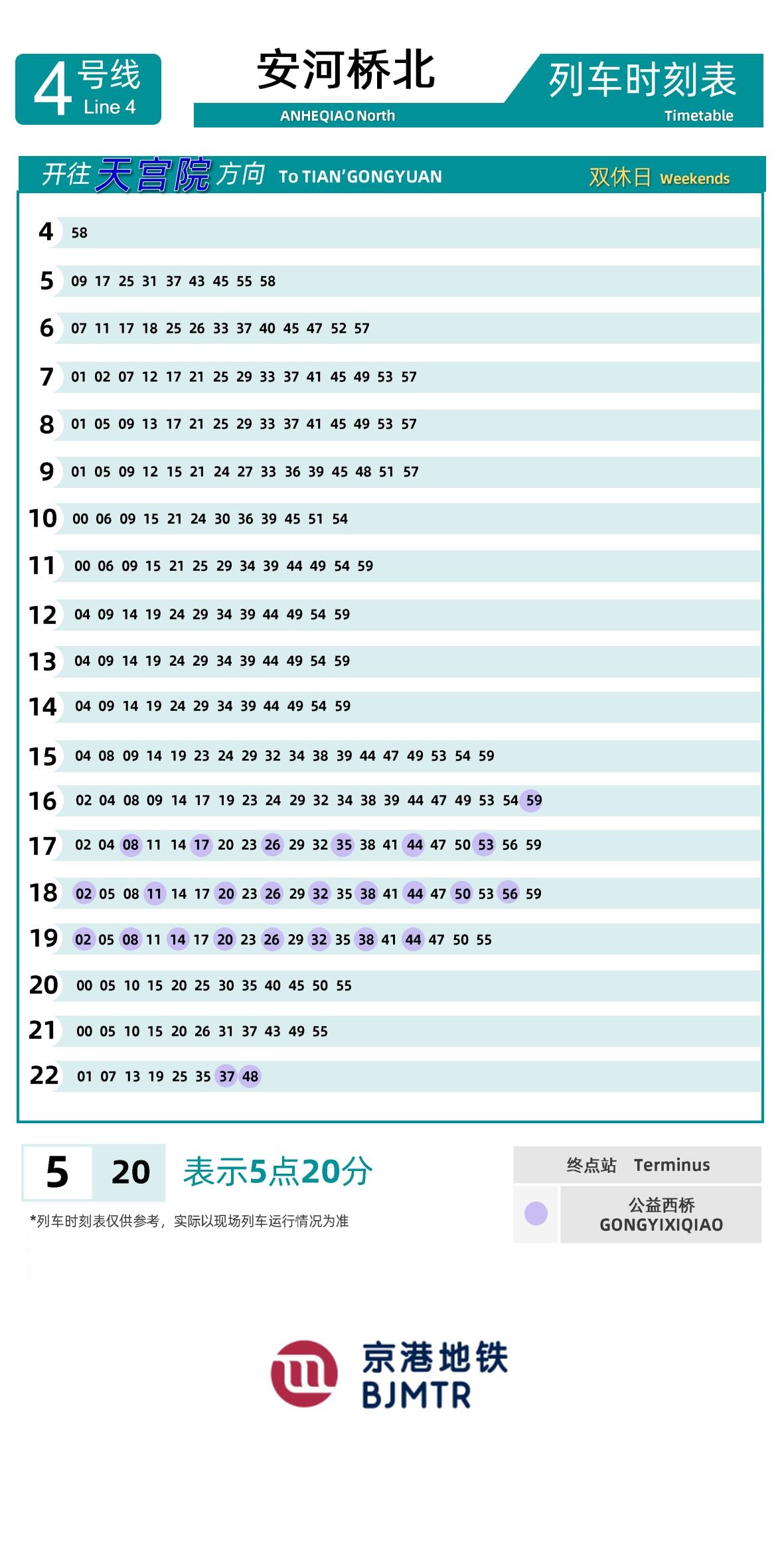 Line 4-Daxing LineAnheqiao Bei (N)时刻表