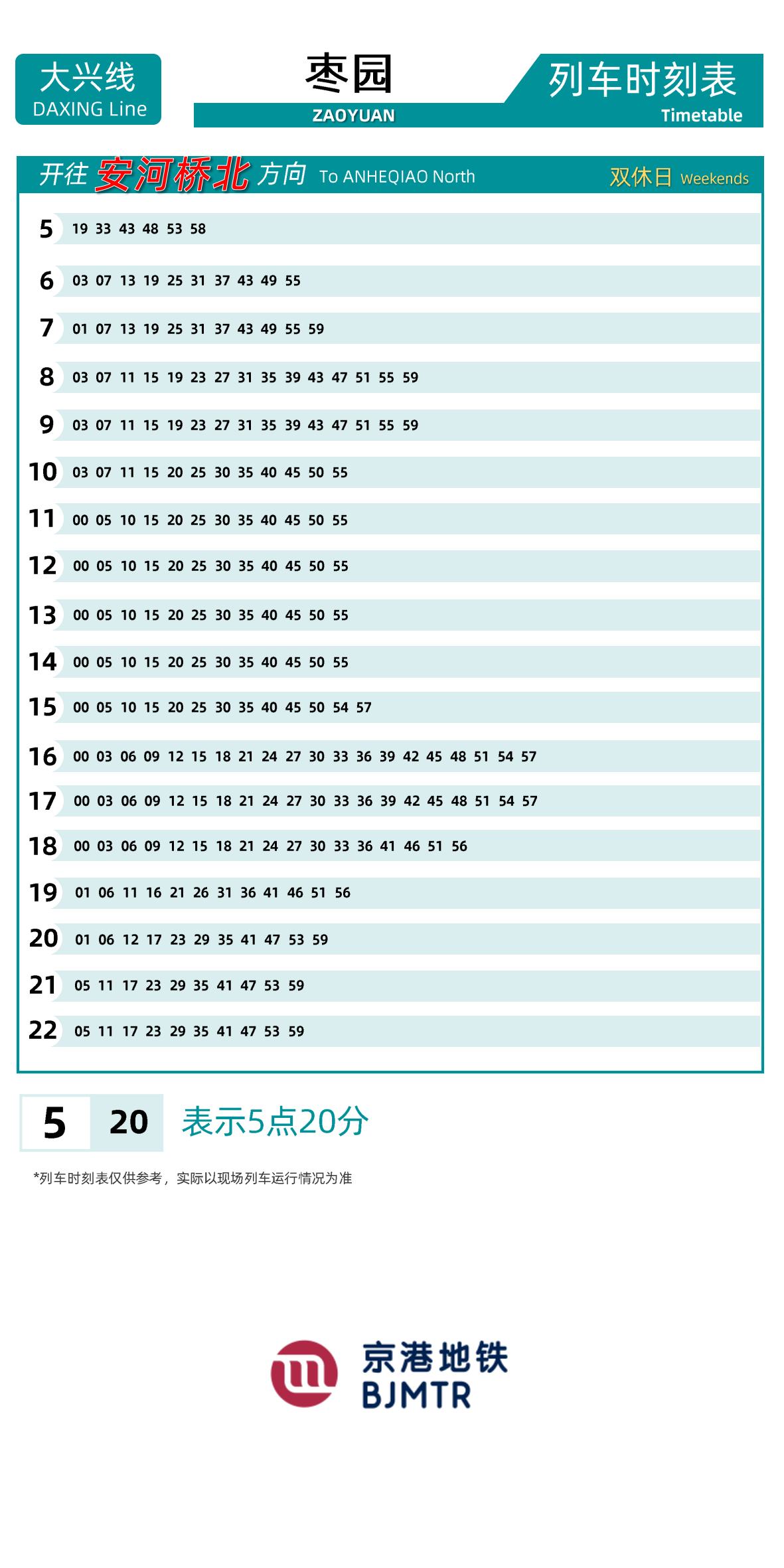 Line 4-Daxing LineZaoyuan时刻表