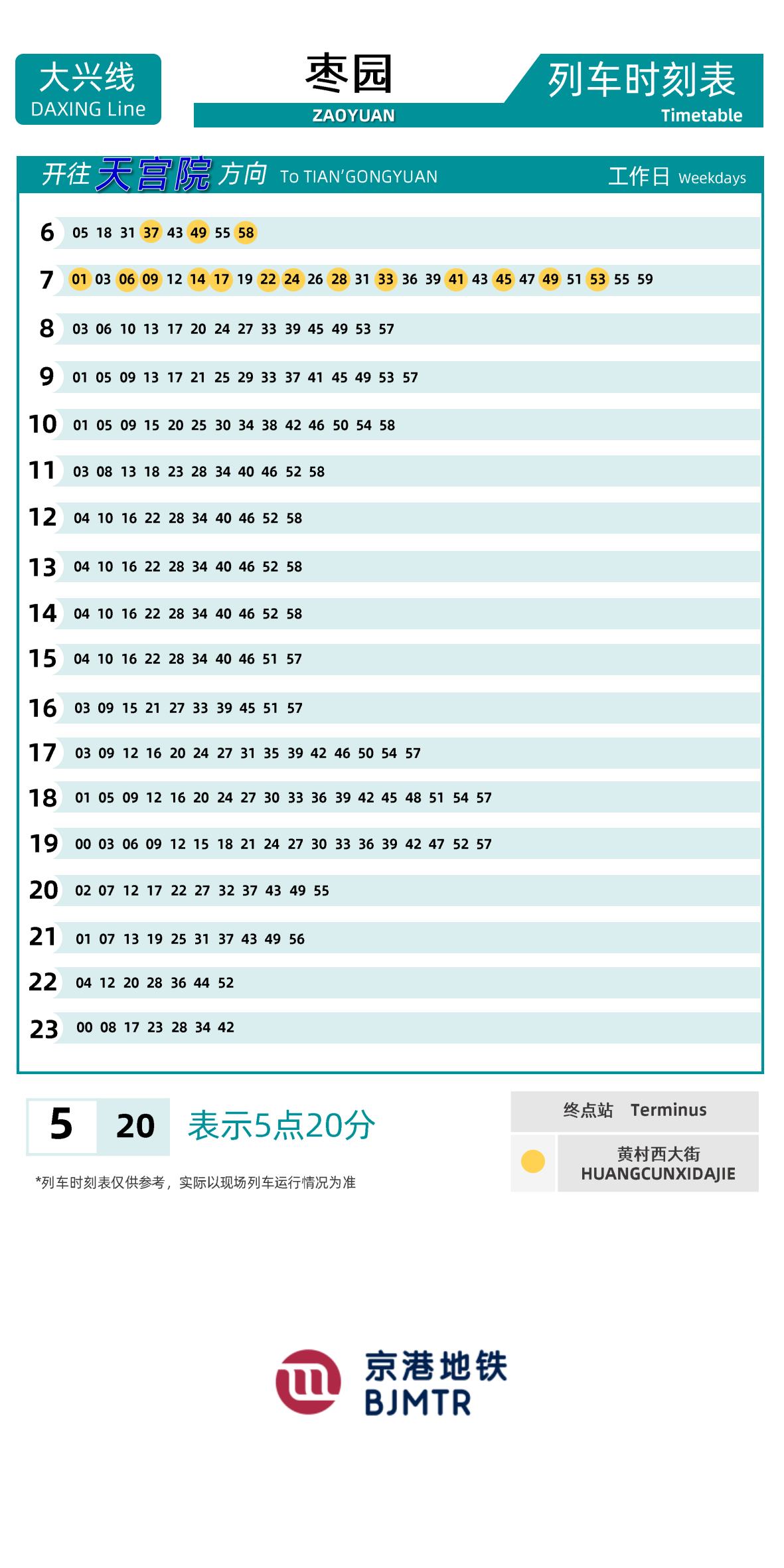 Line 4-Daxing LineZaoyuan时刻表