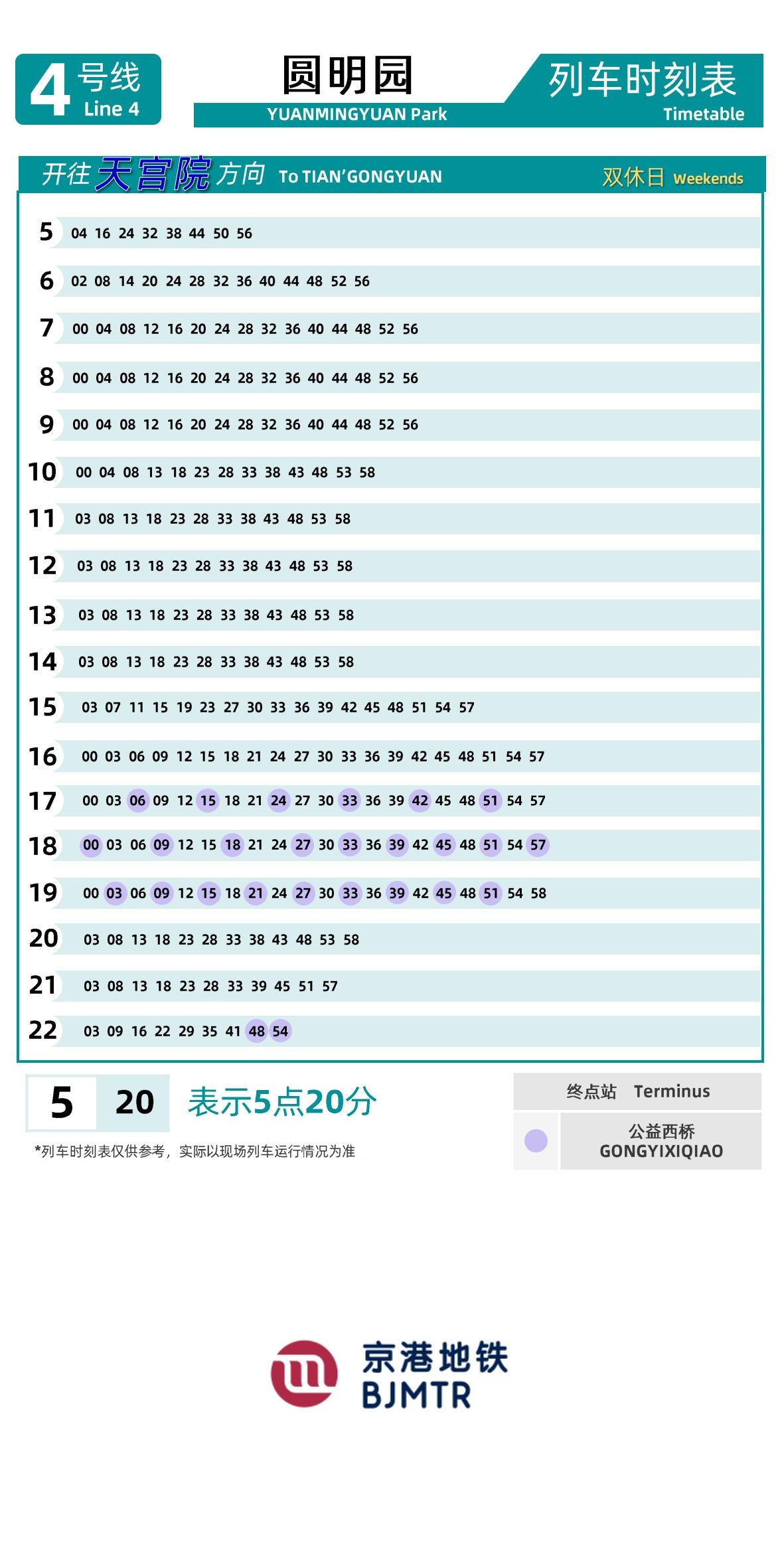 Line 4-Daxing LineYuanmingyuan Park时刻表