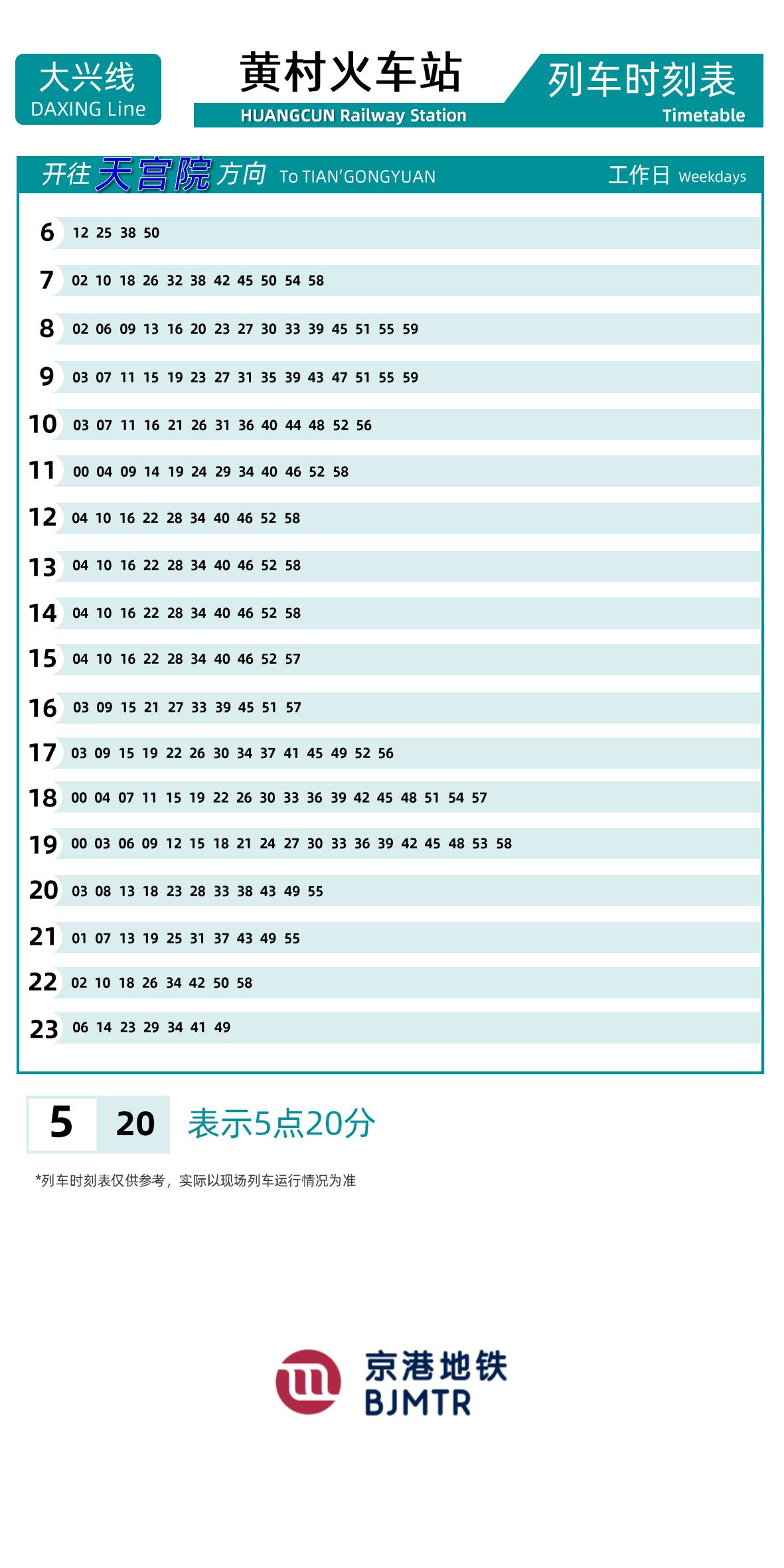 Line 4-Daxing LineHuangcun Railway Station时刻表