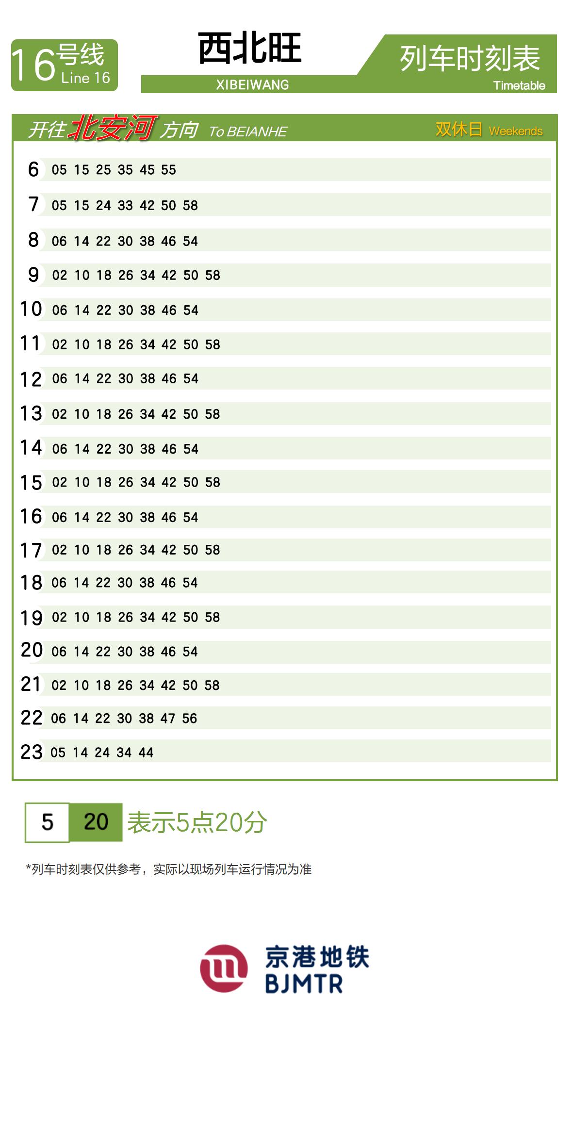 Line 16Xibeiwang时刻表