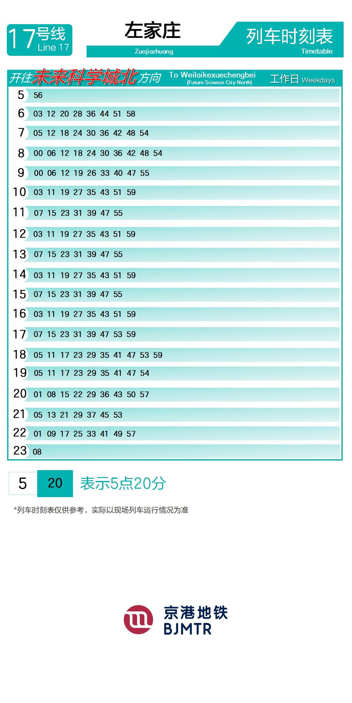 Line 17ZuojiazhuangTimetable