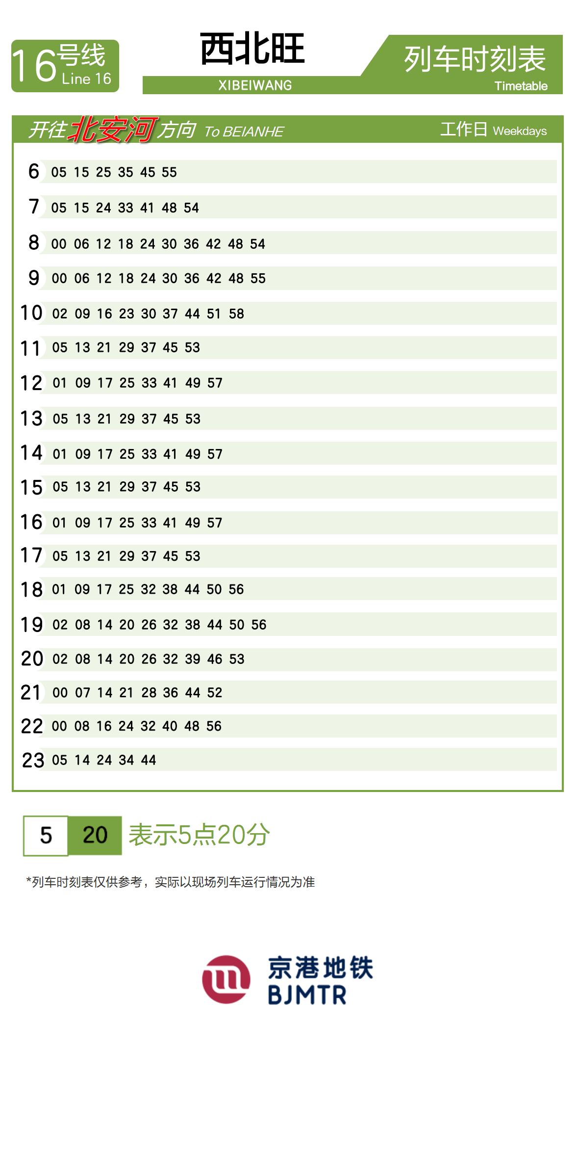 Line 16Xibeiwang时刻表