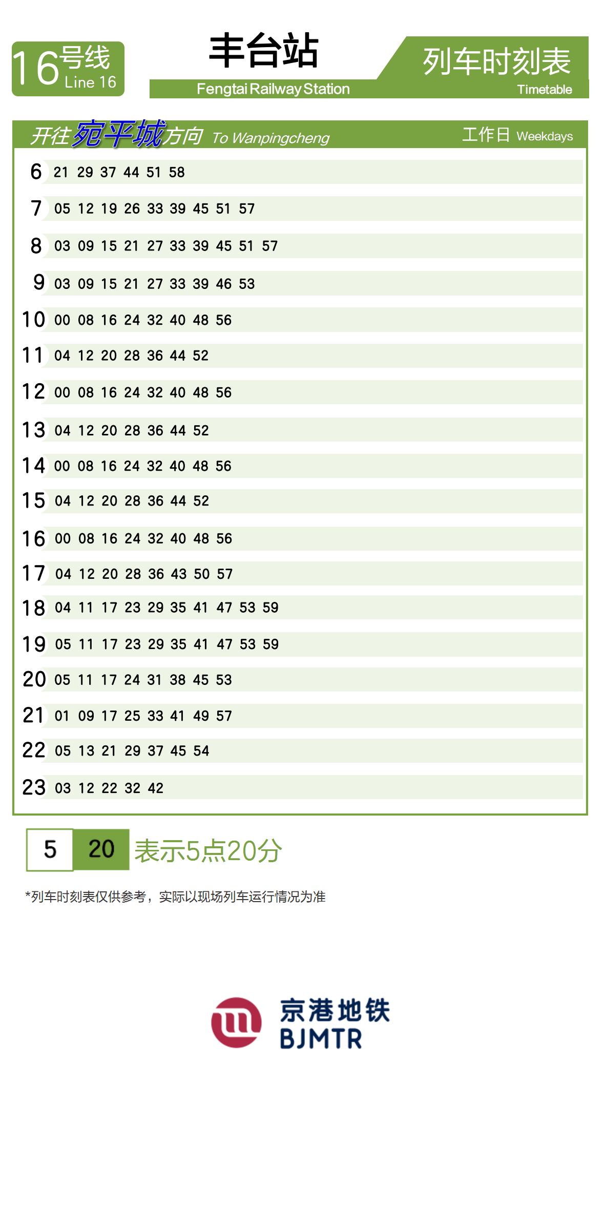 Line 16Fengtai Railway Station时刻表