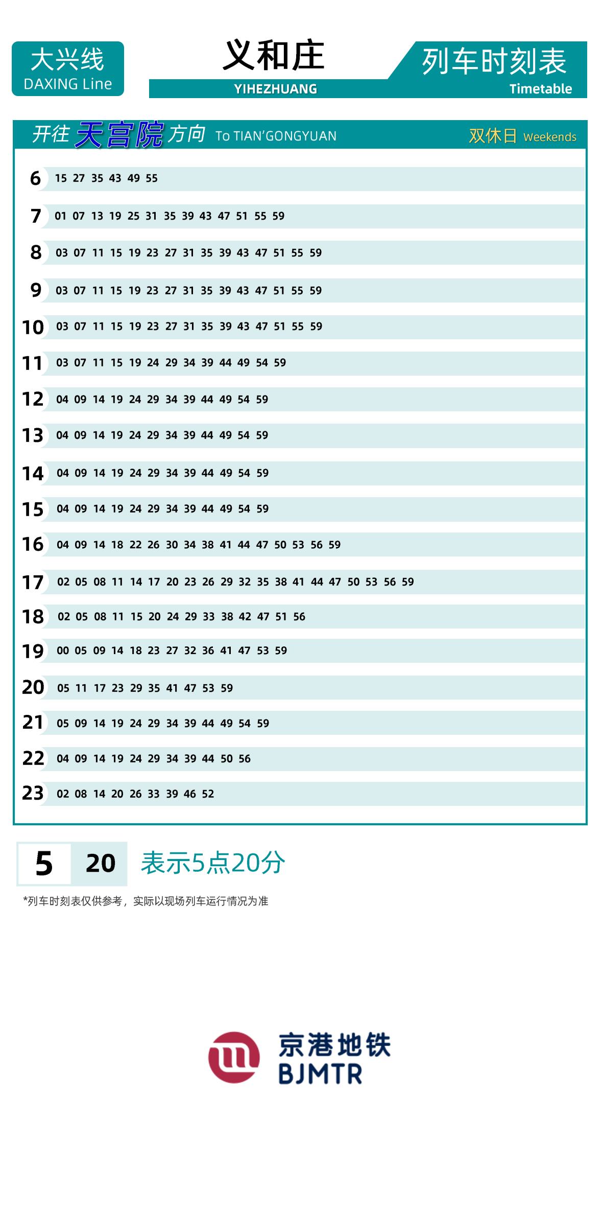 Line 4-Daxing LineYihezhuang时刻表
