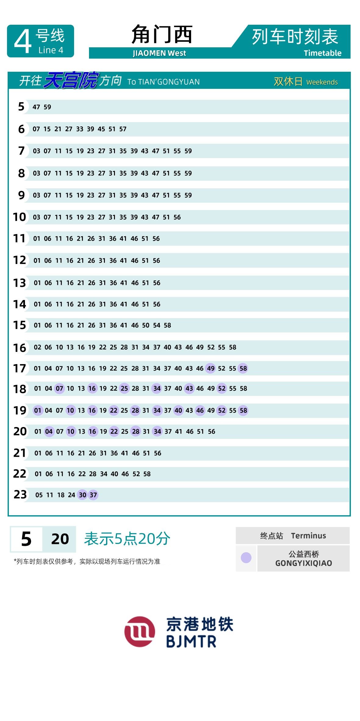 Line 4-Daxing LineJiaomen Xi (W)时刻表