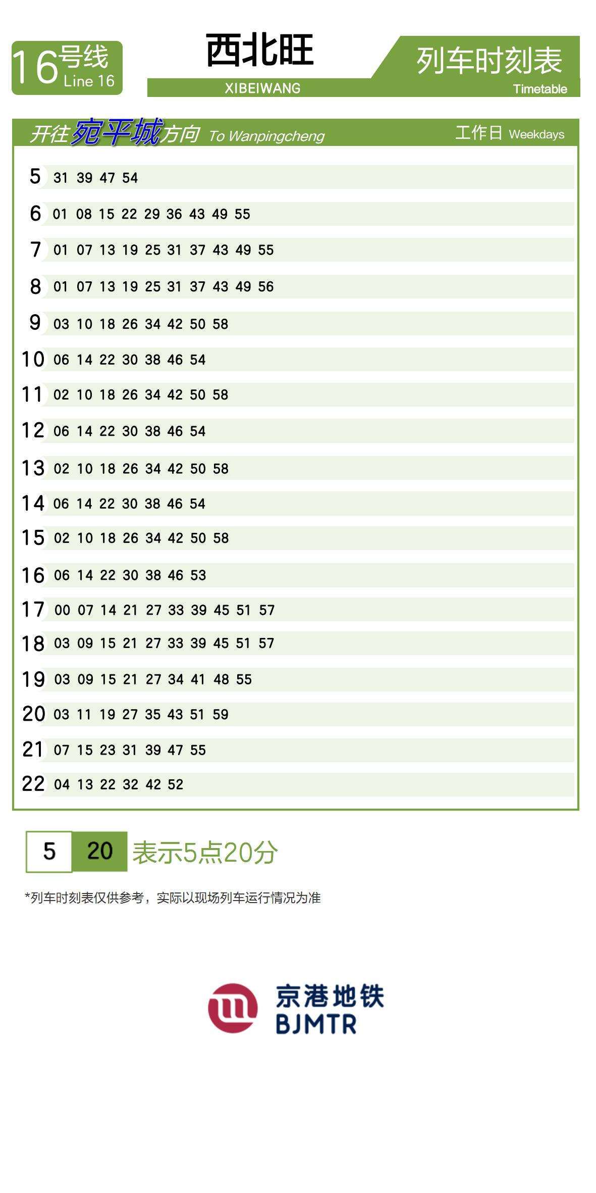 Line 16Xibeiwang时刻表