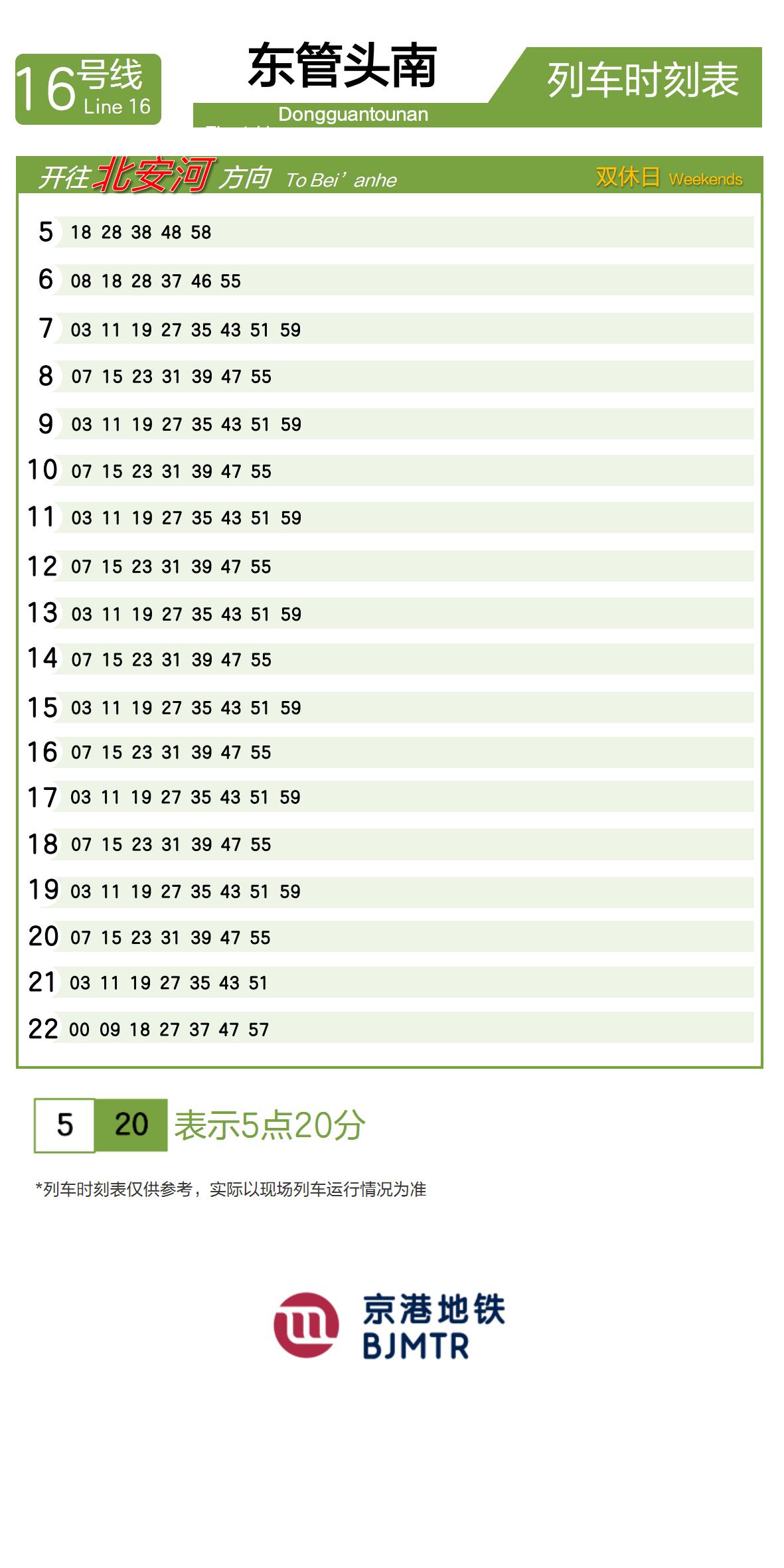 Line 16Dongguantou Nan (S)时刻表